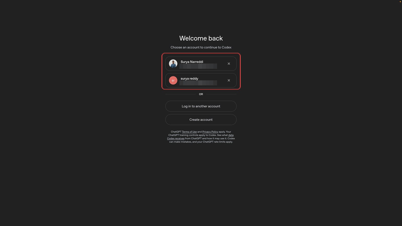 ChatGPT's Welcome back screen with the account picker and Create account button