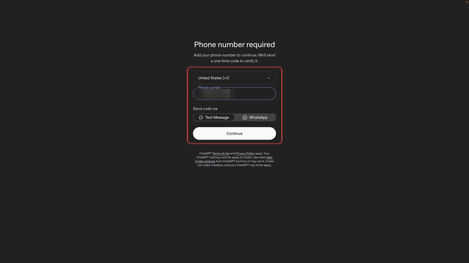 ChatGPT's phone number verification screen