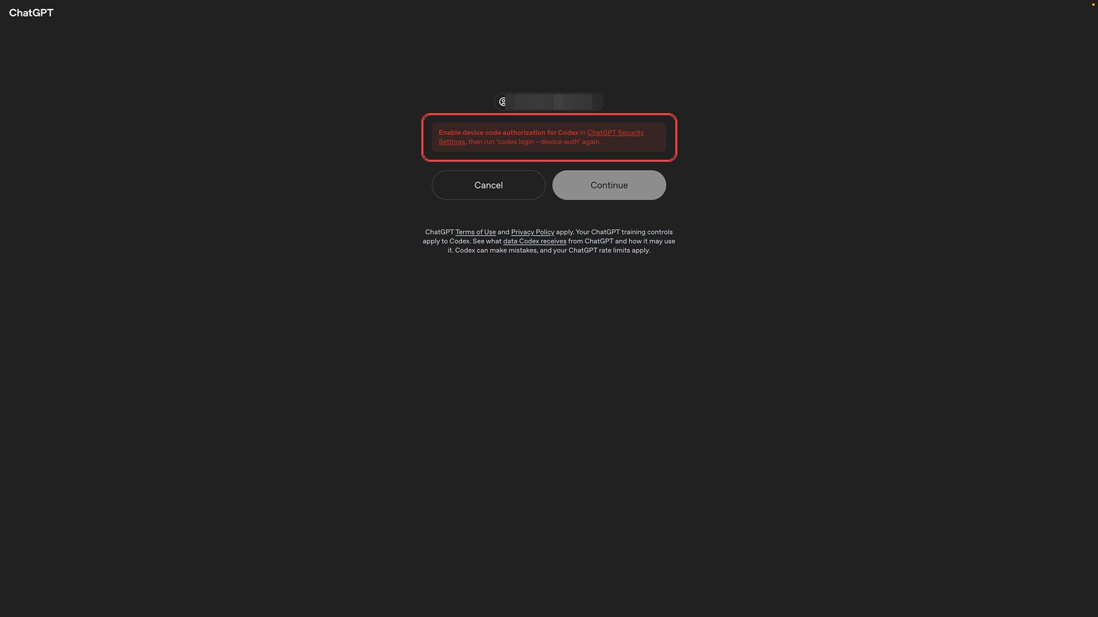 The confirmation screen showing the red enable device code authorization message