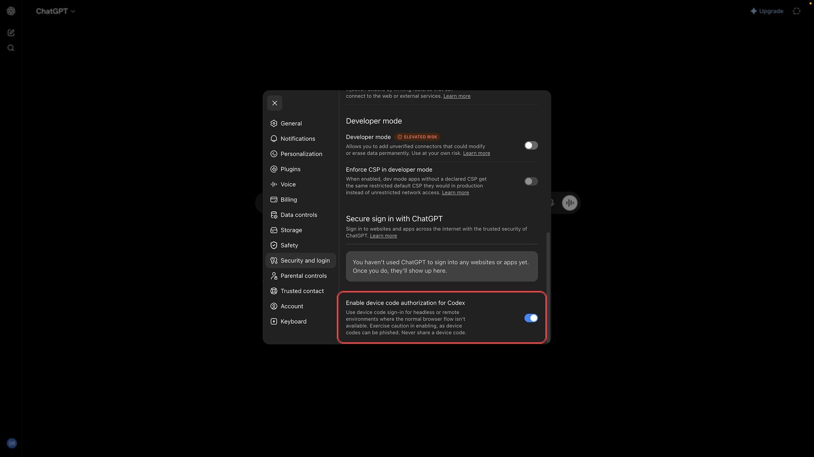 ChatGPT's Security and login settings with the Enable device code authorization for Codex toggle turned on