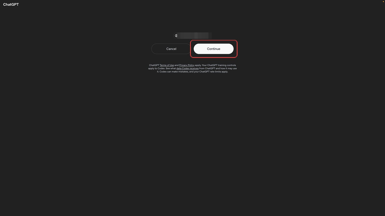 The confirmation screen with the Continue button and no error