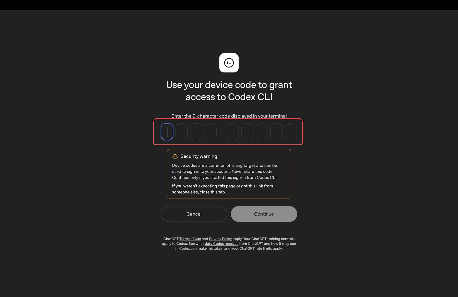 The device code entry screen with the security warning below it